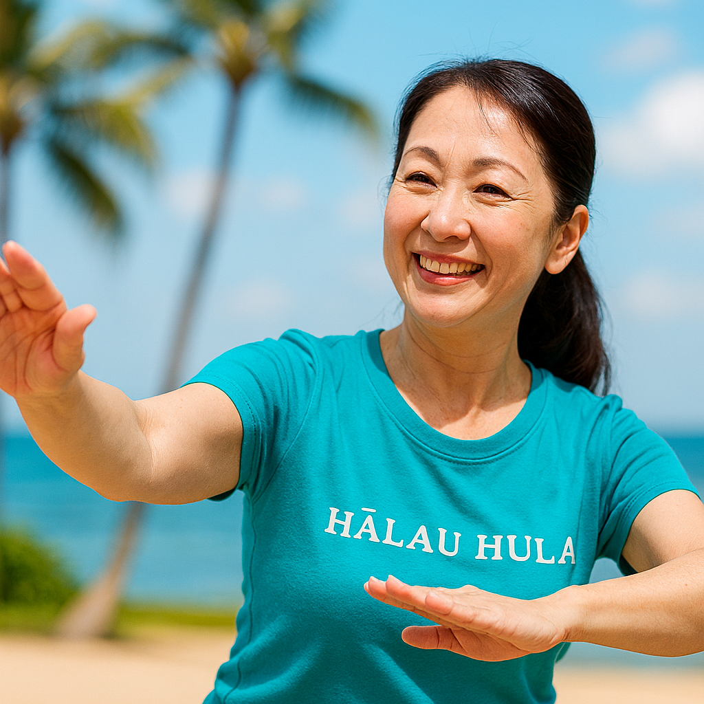 年配の女性が笑顔でフラをおどっています
