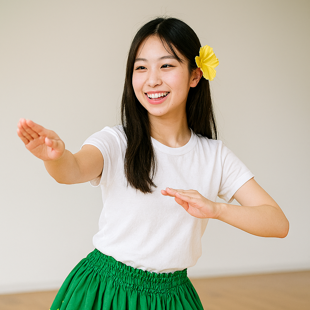 高校生の女性が笑顔でフラのレッスンを受けています